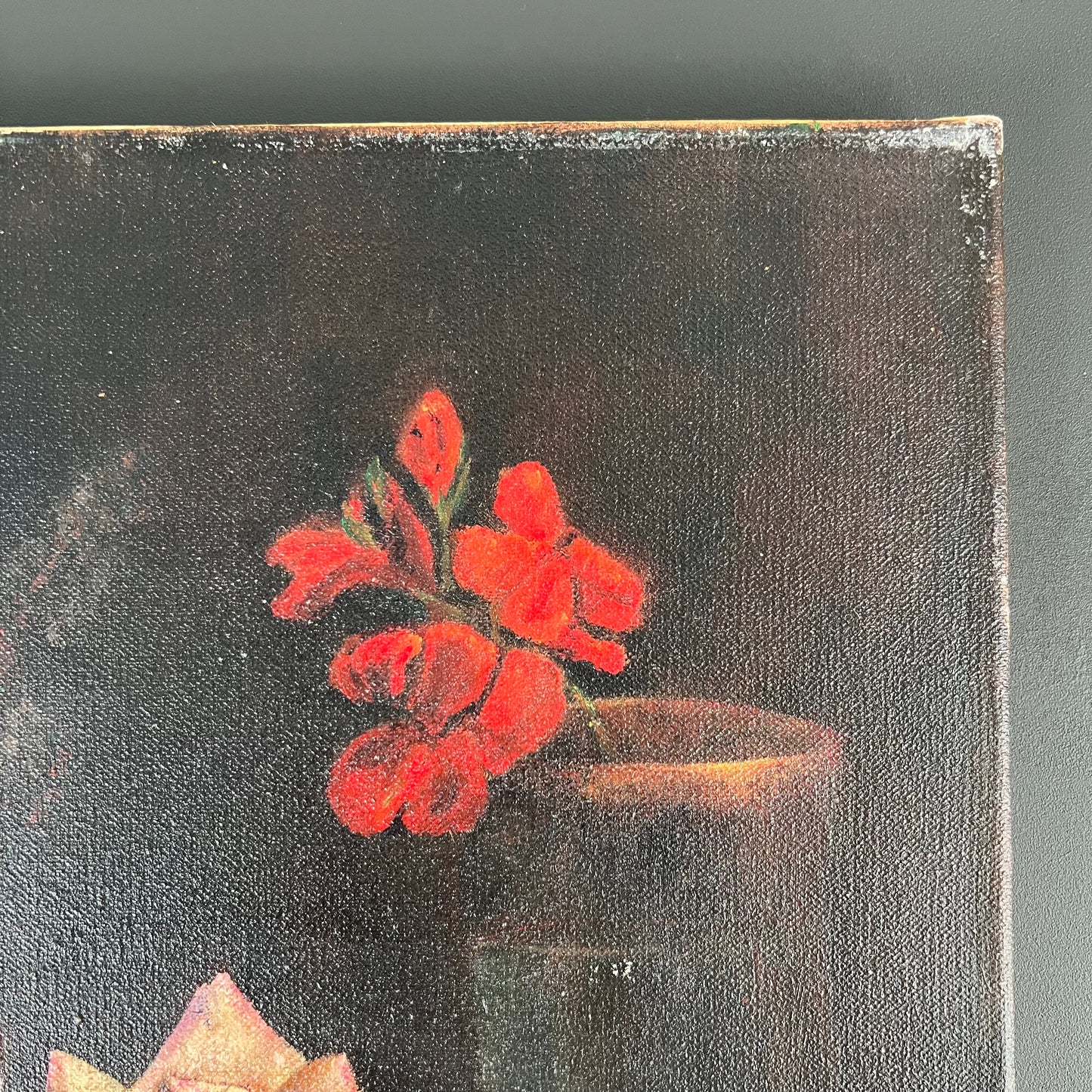 Vintage Oil Painting Still Life Moody Pink Roses & Red Geraniums