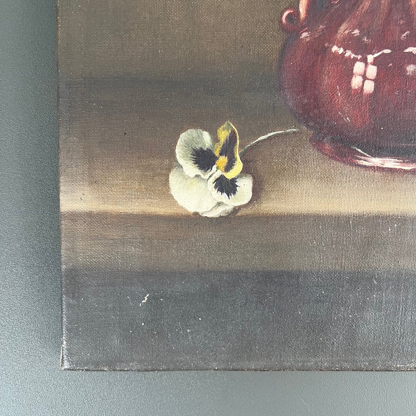 Vintage Oil Painting Still Life Pansy Flowers in Vase