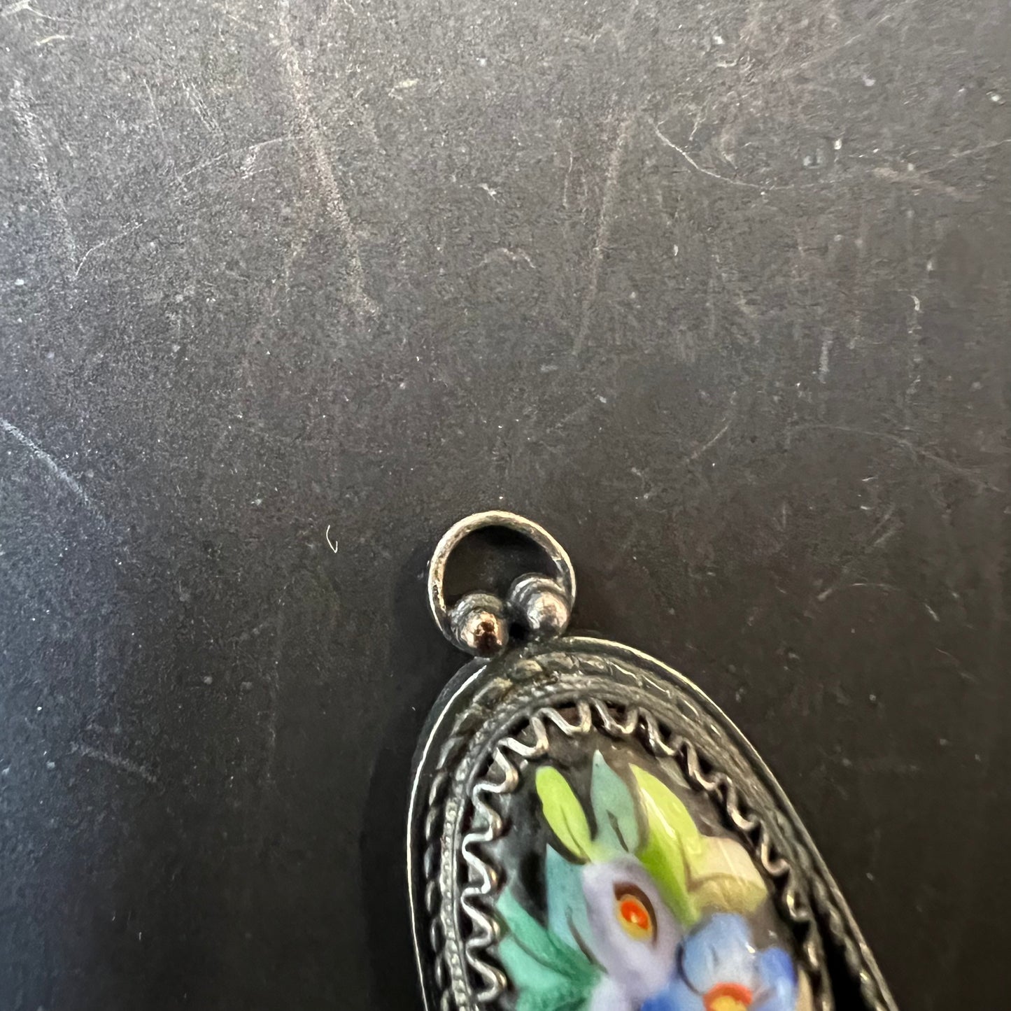 Vintage Russian Pendant Hand Painted Flowers & Leaves