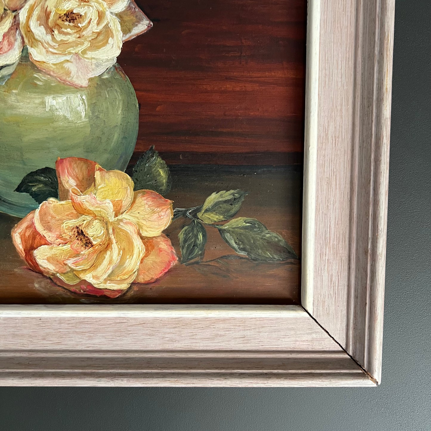 Vintage Oil Painting Still Life Golden Roses in Green Vase 1972