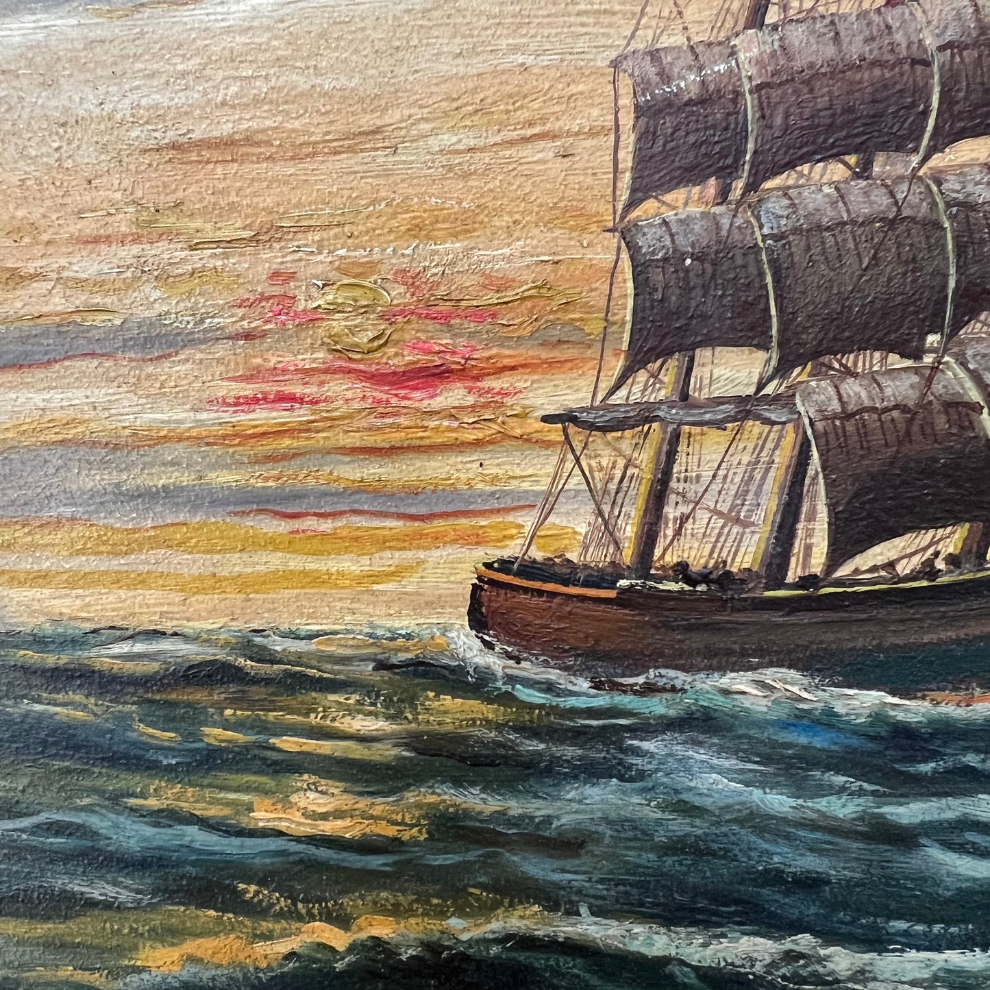 Vintage Oil Painting Ship Sailing at Sunset Dutch Seascape