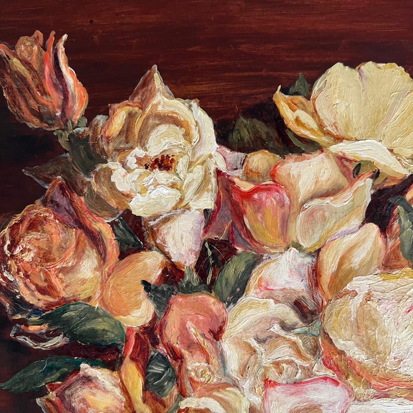 Vintage Oil Painting Still Life Golden Roses in Green Vase 1972