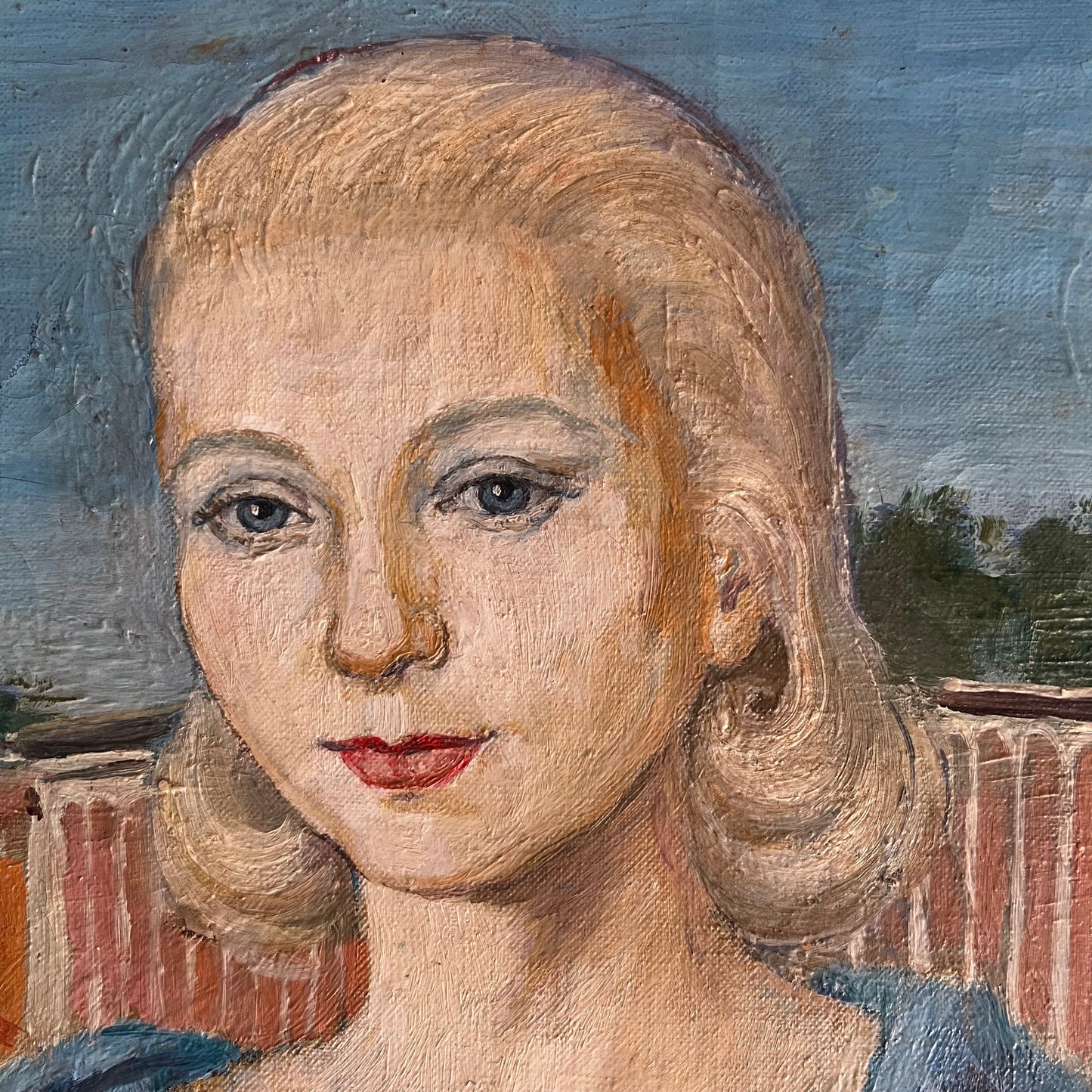 Vintage Oil Painting Portrait Girl in Blue