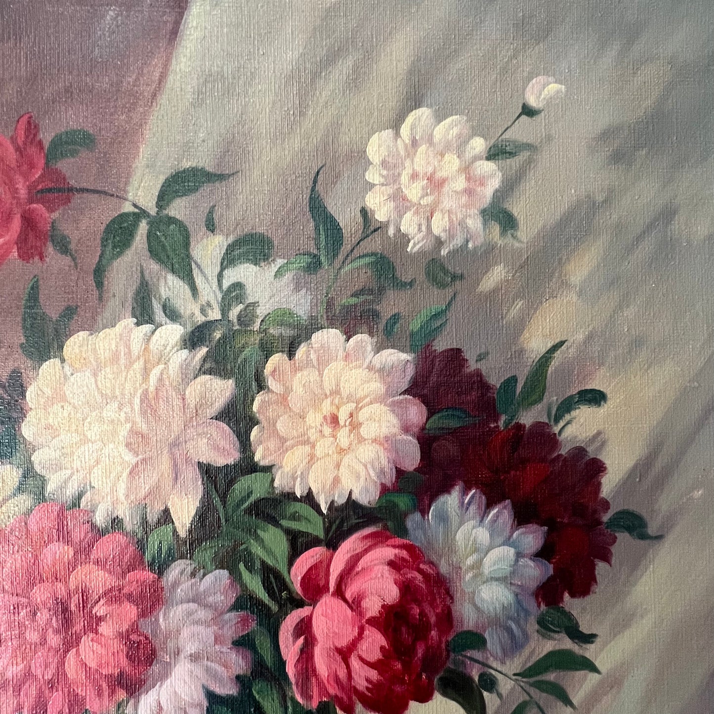 Vintage Oil Painting Dutch Still Life Pretty Peonies & Dahlias