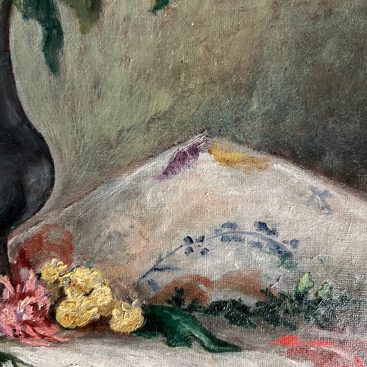 Antique Oil Painting Still Life Flowers in Pewter Jug French c1880s