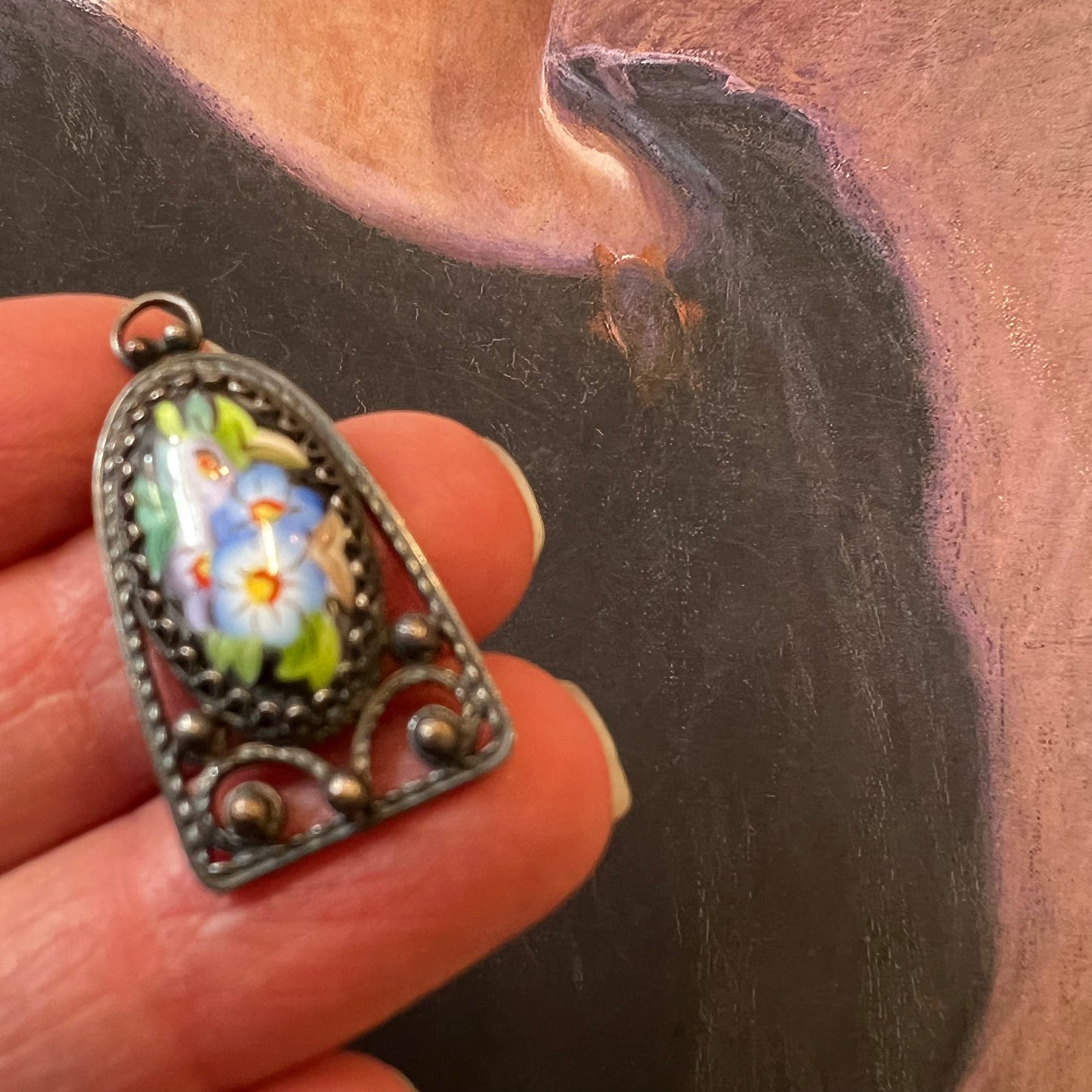 Vintage Russian Pendant Hand Painted Flowers & Leaves