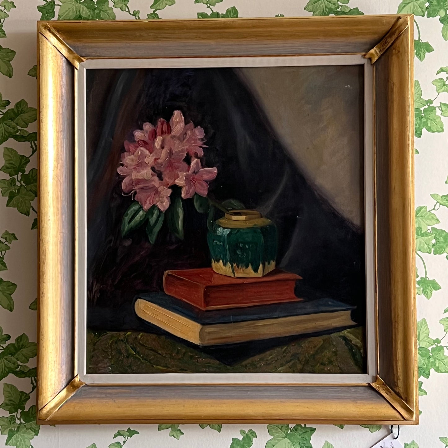Vintage Oil Painting Still Life of Books, Ginger Jar & Rhododendron