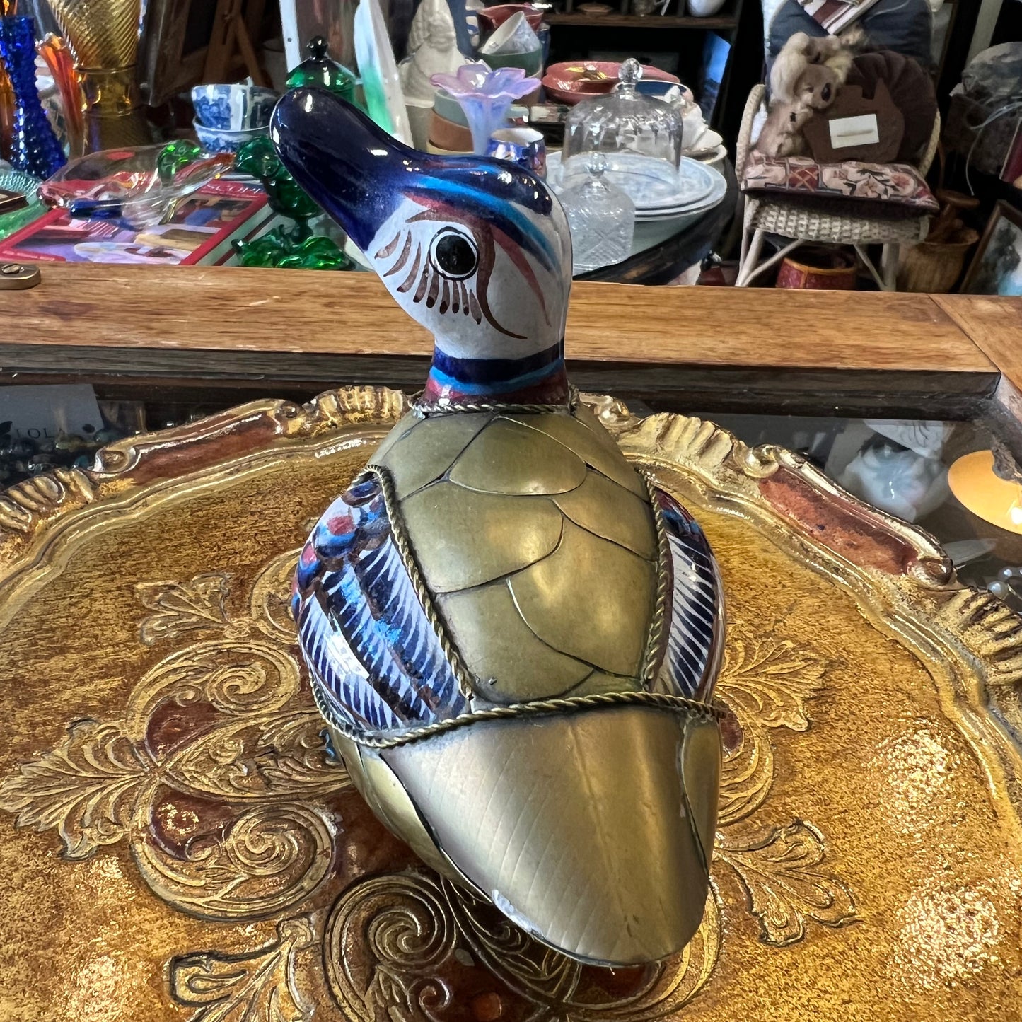 Vintage Tonala Pottery & Brass Duck Mexico