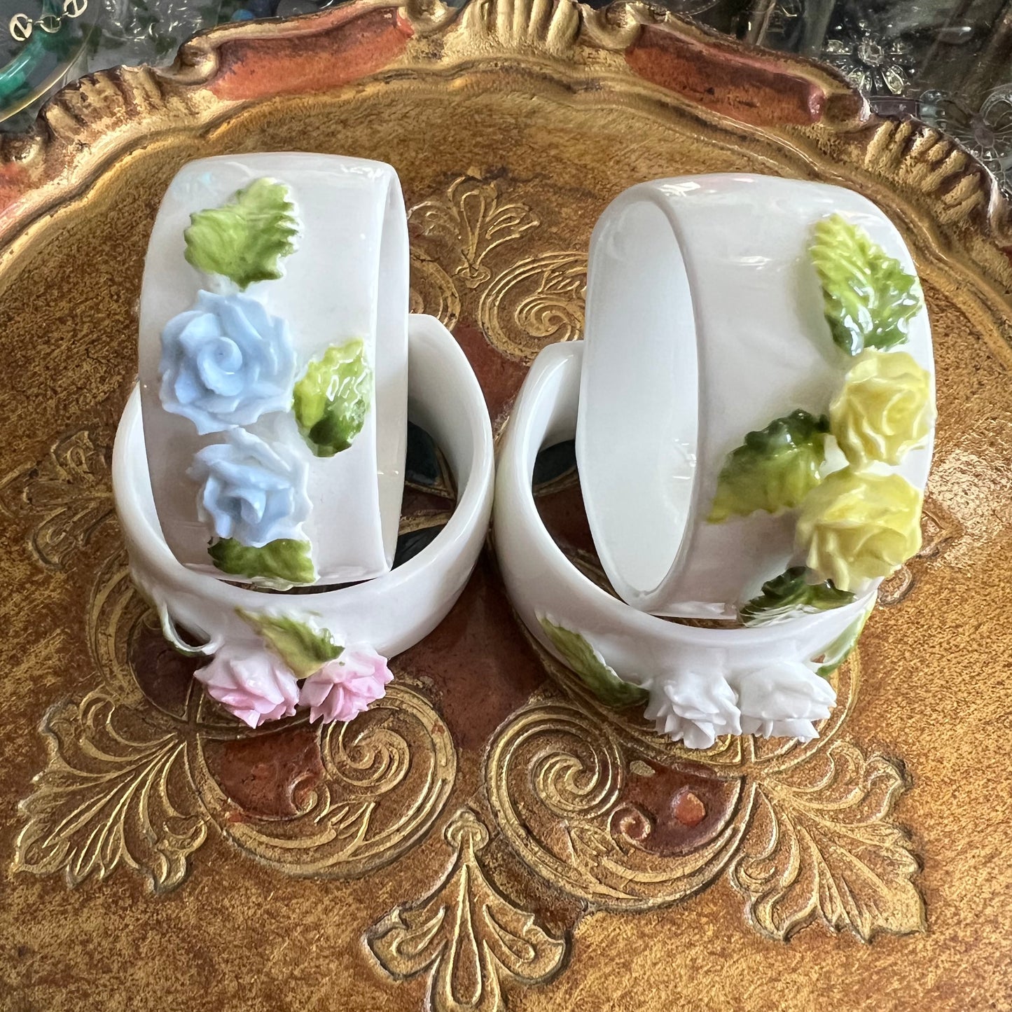 Vintage Porcelain Rose Napkin Rings Set 4