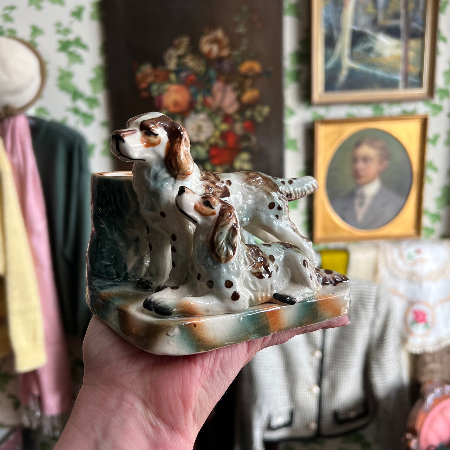Vintage Pottery Dog Duo Vase