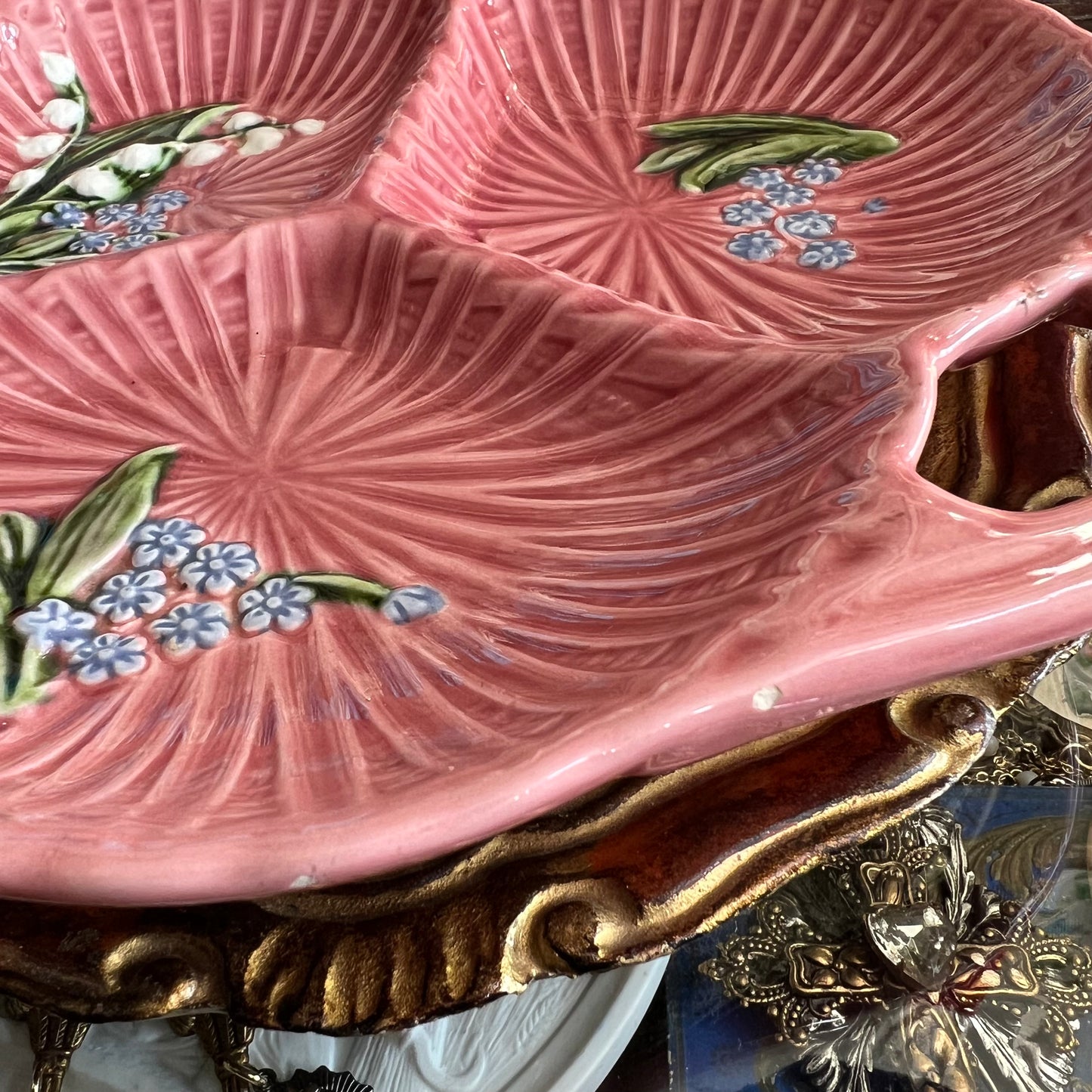 Vintage Pretty Pink Plate Lily of the Valley & Forget me Nots German Majolica Marie Louise Schramburg