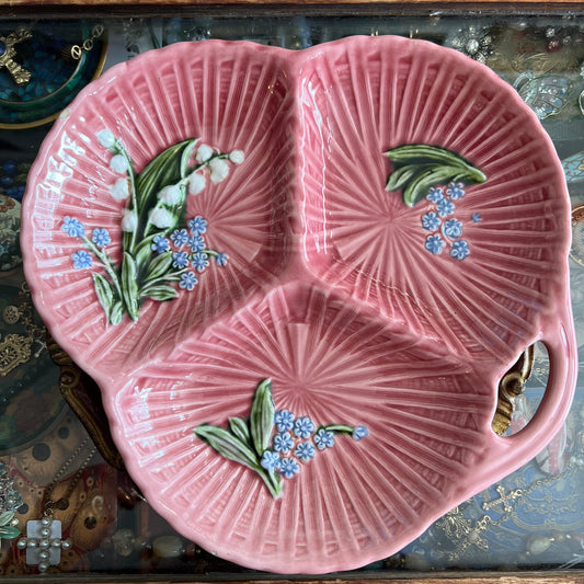 Vintage Pretty Pink Plate Lily of the Valley & Forget me Nots German Majolica Marie Louise Schramburg
