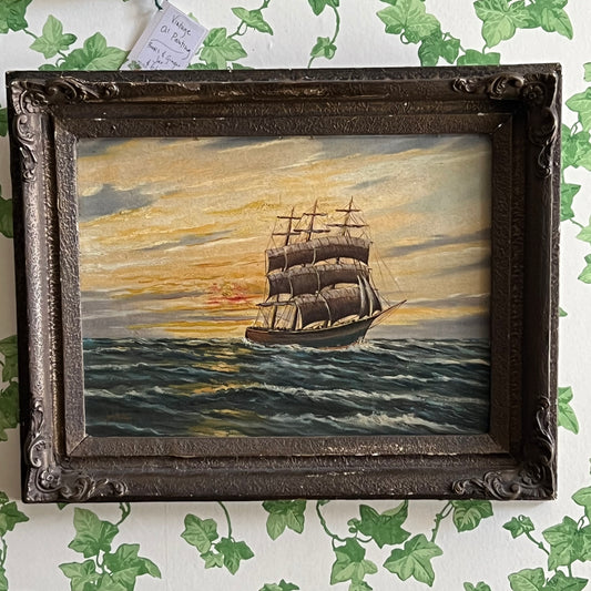 Vintage Oil Painting Ship Sailing at Sunset Dutch Seascape