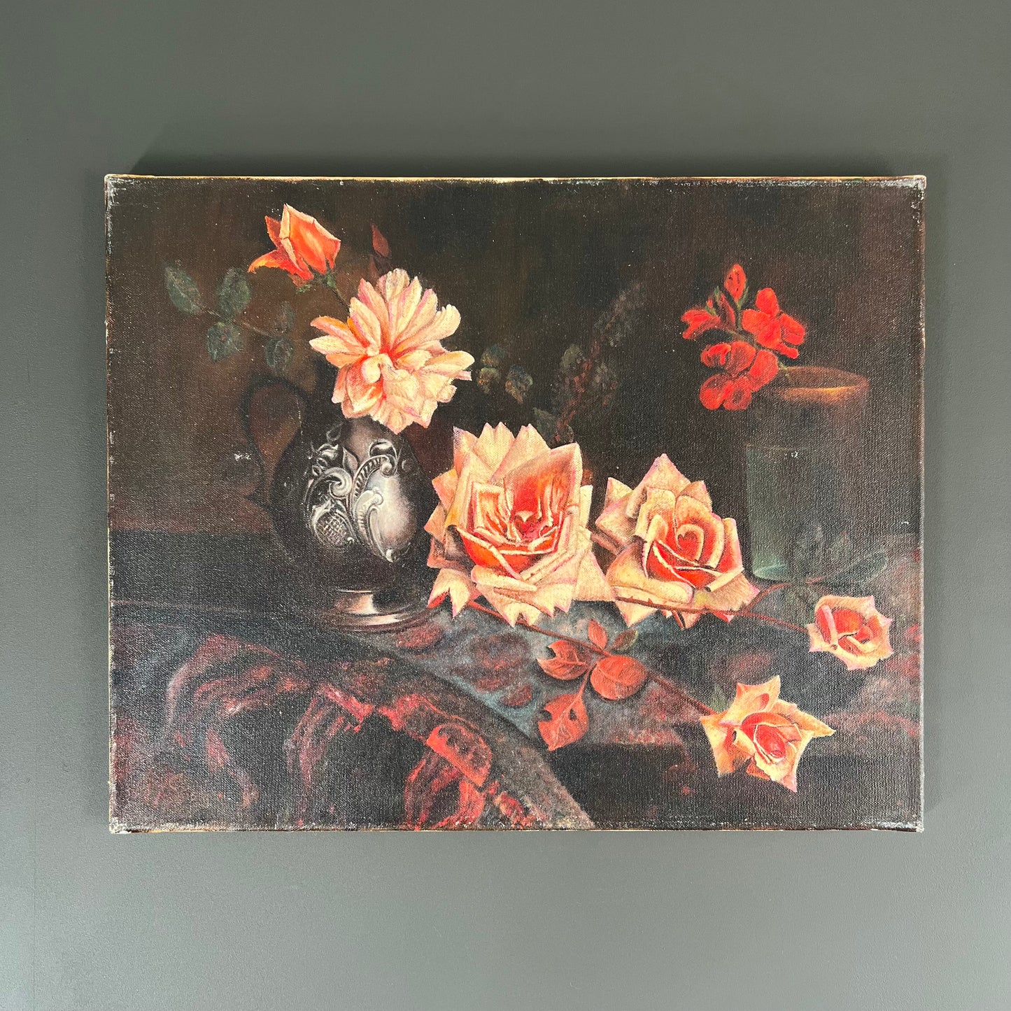 Vintage Oil Painting Still Life Moody Pink Roses & Red Geraniums