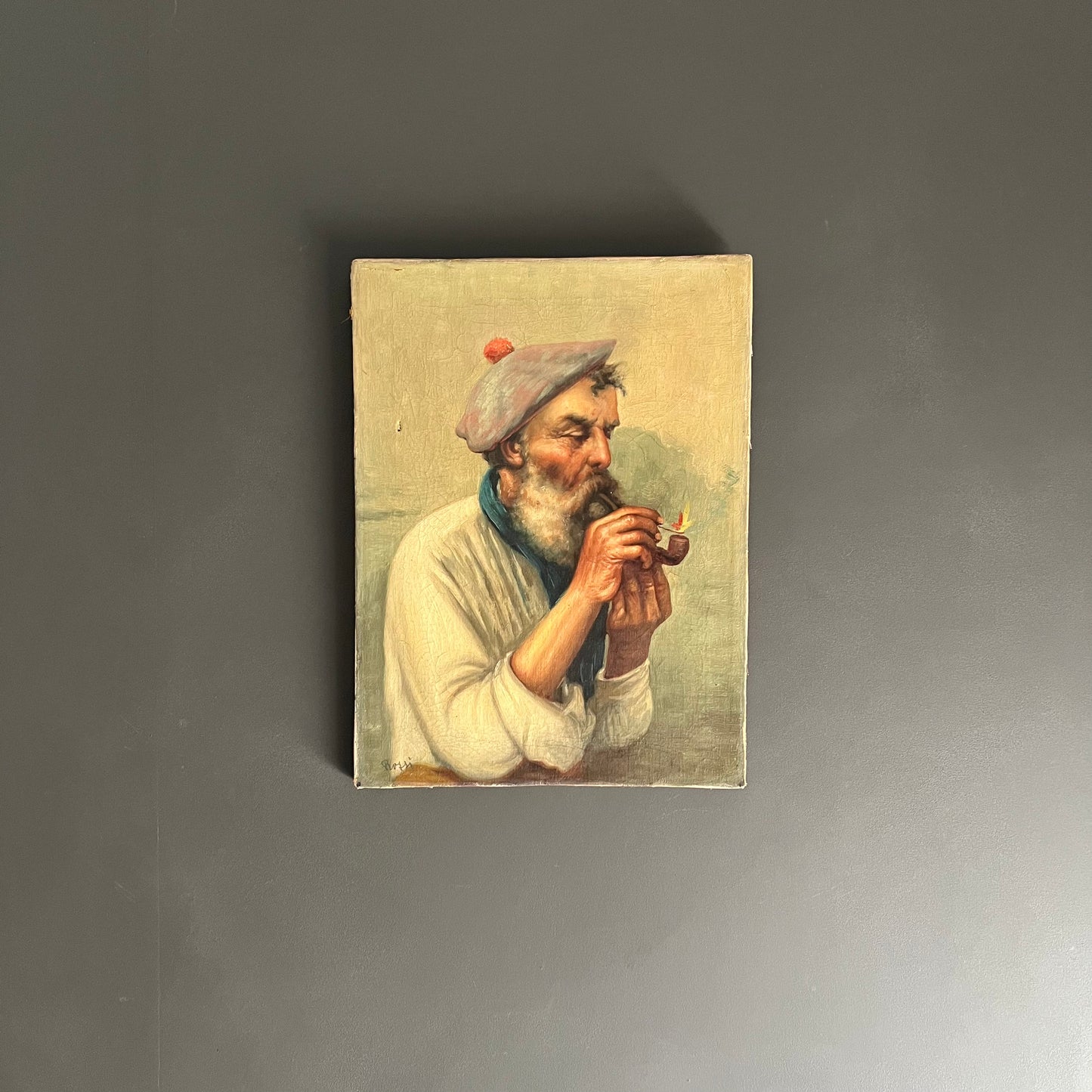 Antique Oil Painting Portrait Bearded Man with Pipe c1920s