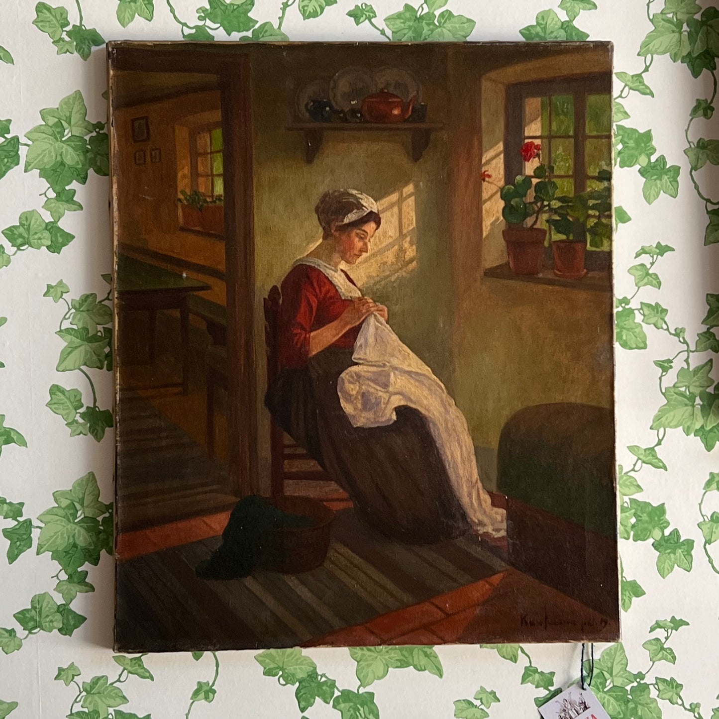 Antique Dutch Oil Painting Woman Sewing 1919