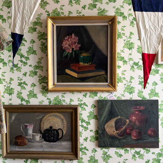 Vintage Oil Painting Still Life of Books, Ginger Jar & Rhododendron