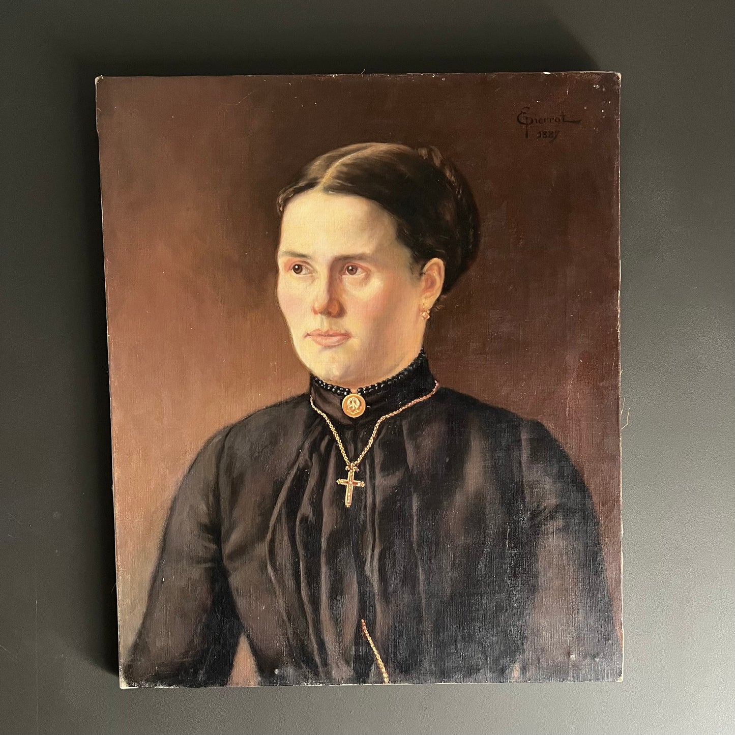 Antique Oil Painting Portrait Young Woman with Cross 1887