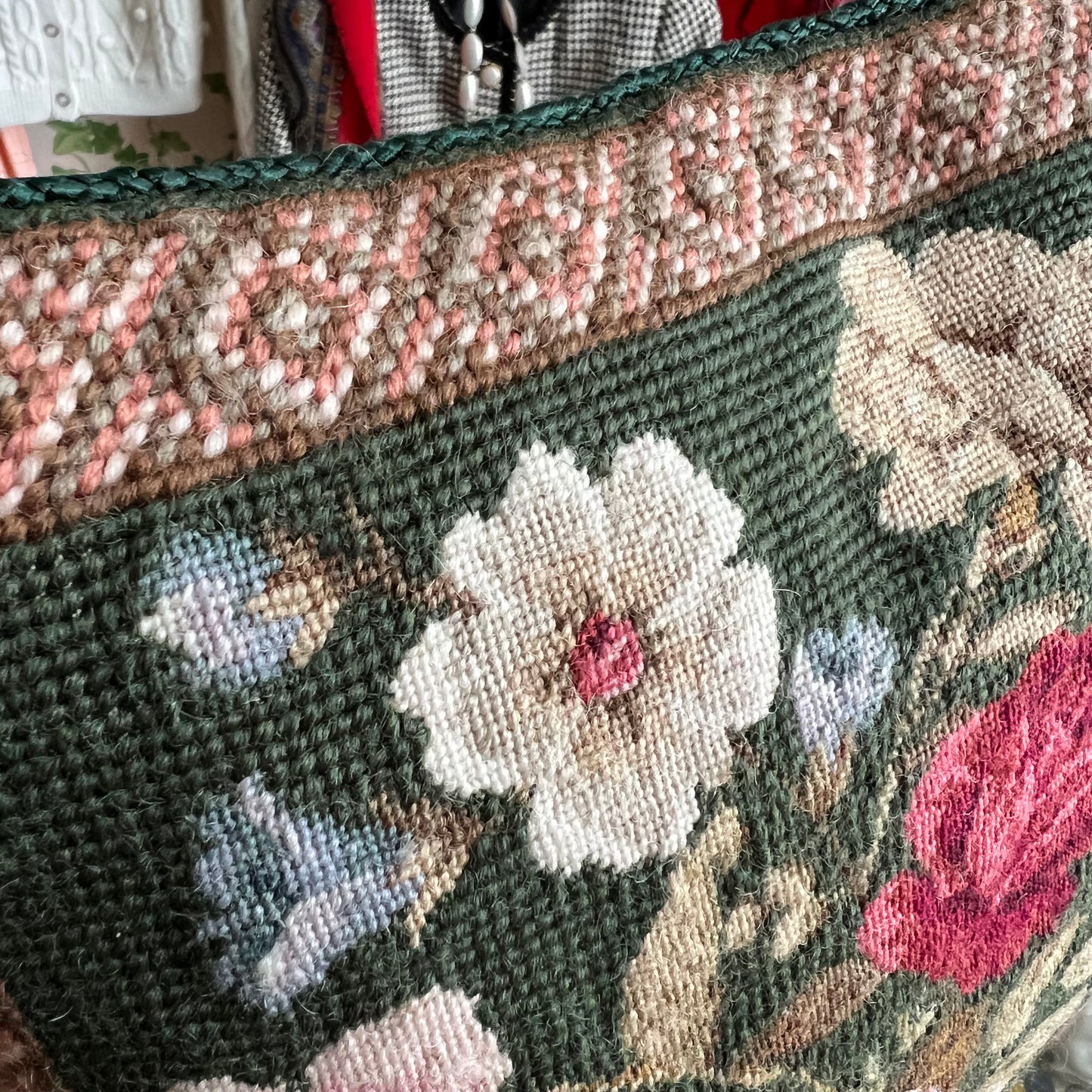 Stunning Roses & Blooms Needlepoint Wool Tapestry & Velvet Cushion