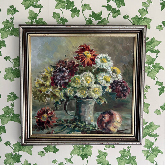 Vintage Still Life Painting Dahlias in Jug with Pomegranate