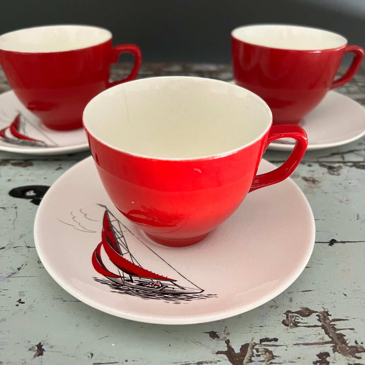 Sail Boat Cup & Saucer ‘Regatta’ pattern by Palissy England c1950s Set 3