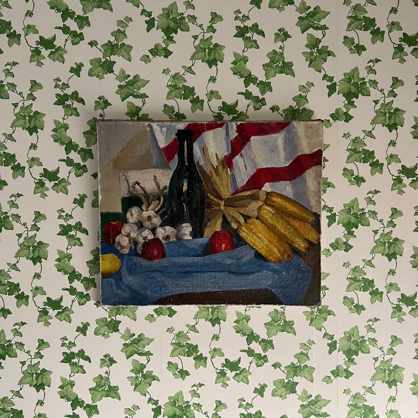 Large Vintage Oil Painting Still Life French Tabletop Wine, Garlic and Corn c1940s