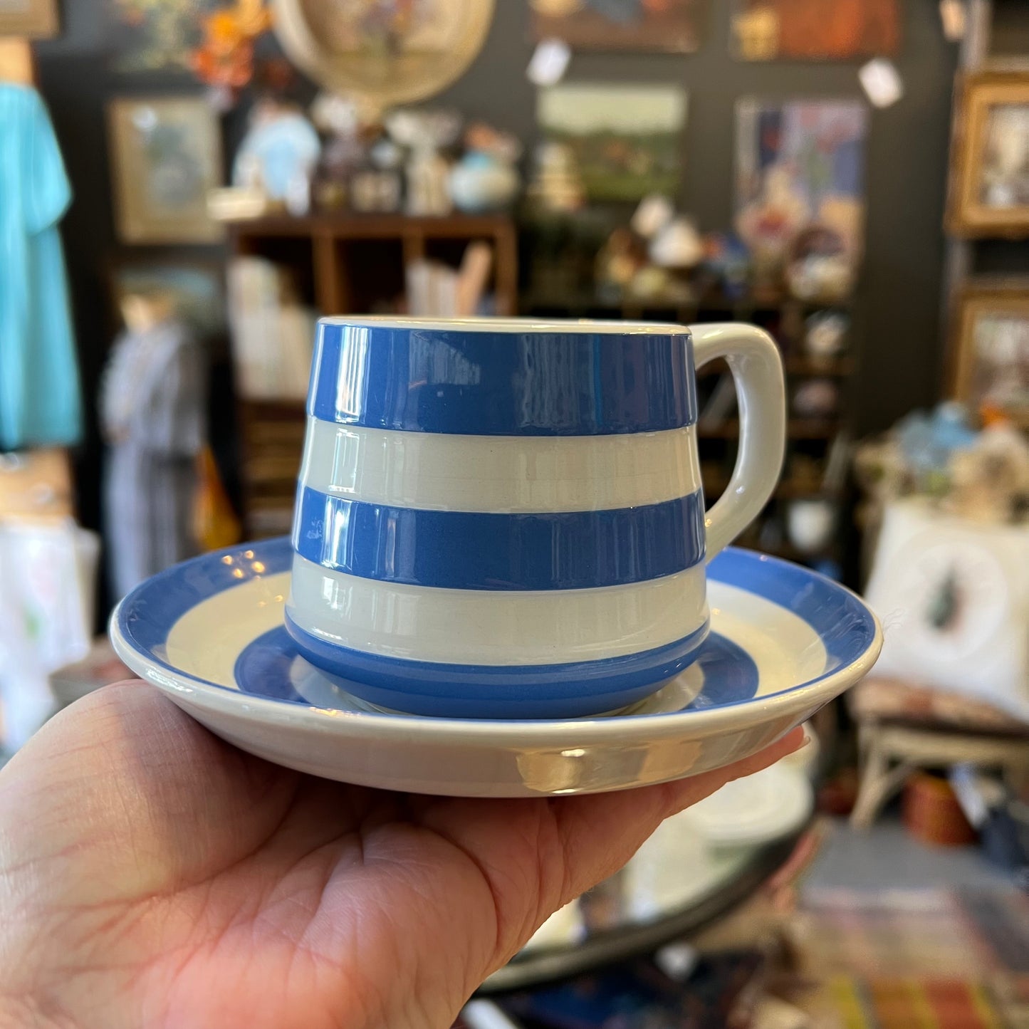 Vintage TG Green Blue Stripe Cup and Saucer