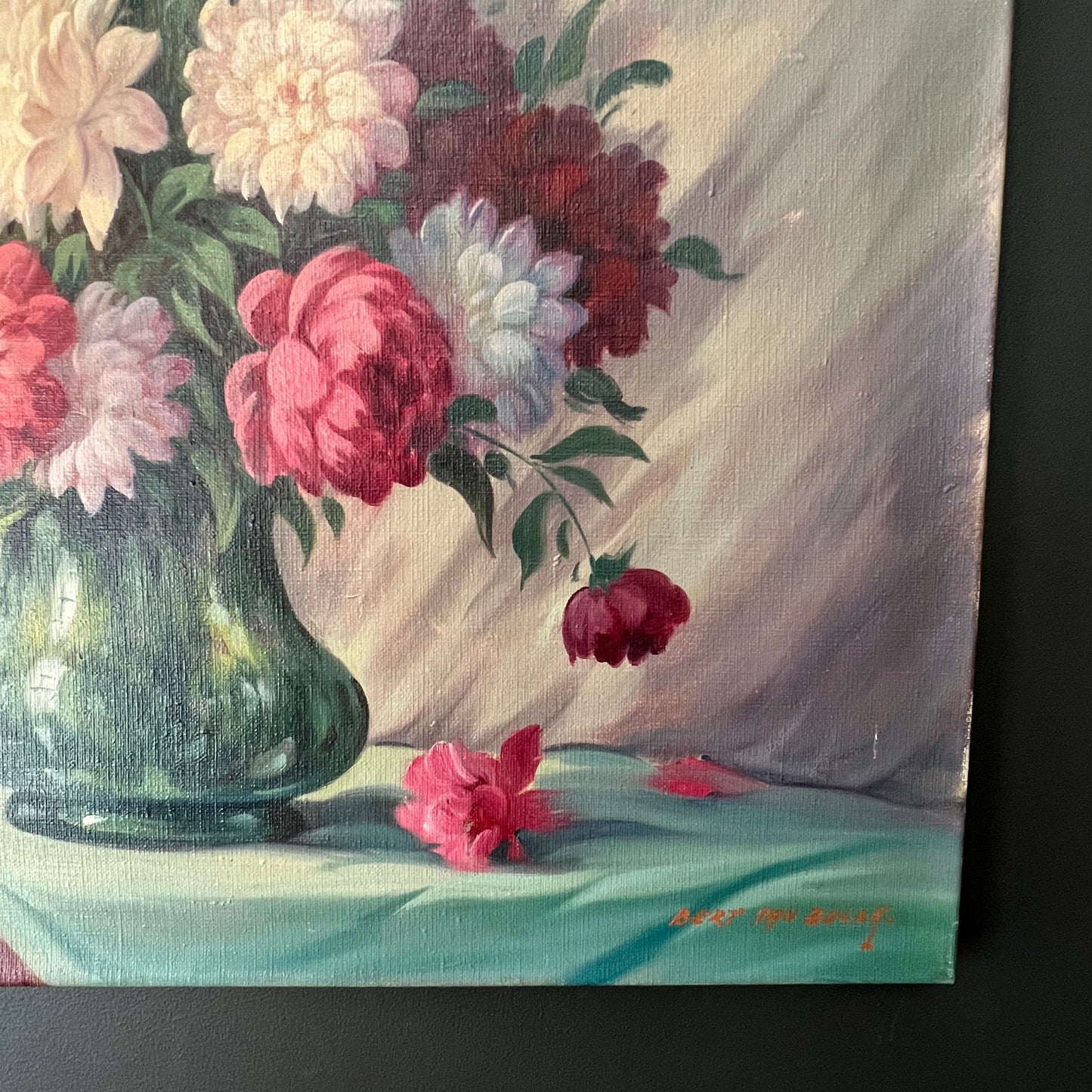 Vintage Oil Painting Dutch Still Life Pretty Peonies & Dahlias