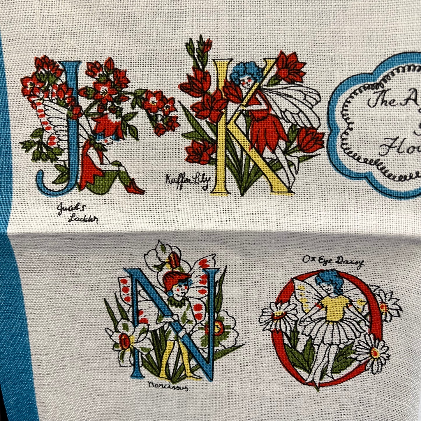 Vintage Flower Fairy Linen Tea Towel Alphabet of Flowers Made in Ireland