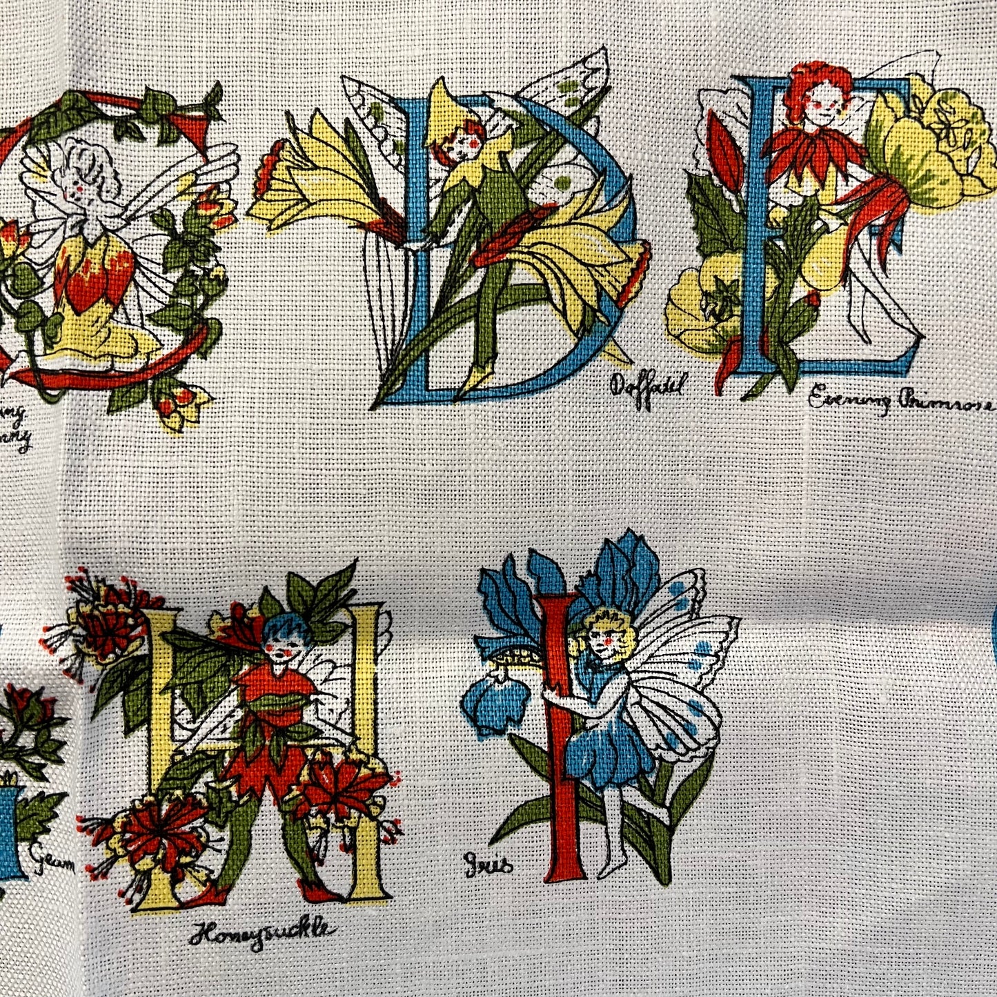 Vintage Flower Fairy Linen Tea Towel Alphabet of Flowers Made in Ireland
