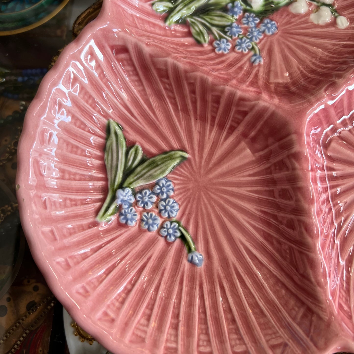 Vintage Pretty Pink Plate Lily of the Valley & Forget me Nots German Majolica Marie Louise Schramburg