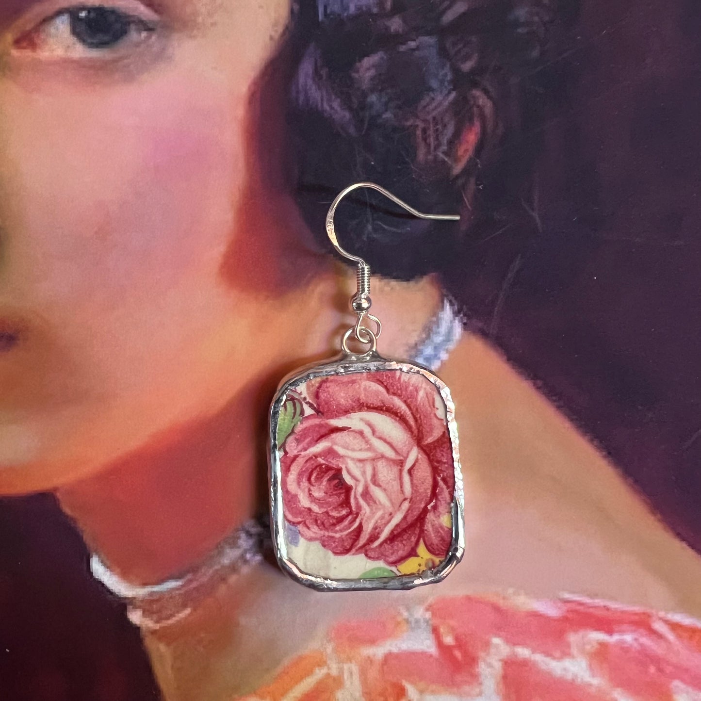 Vintage China Earrings Blooming Pink Roses