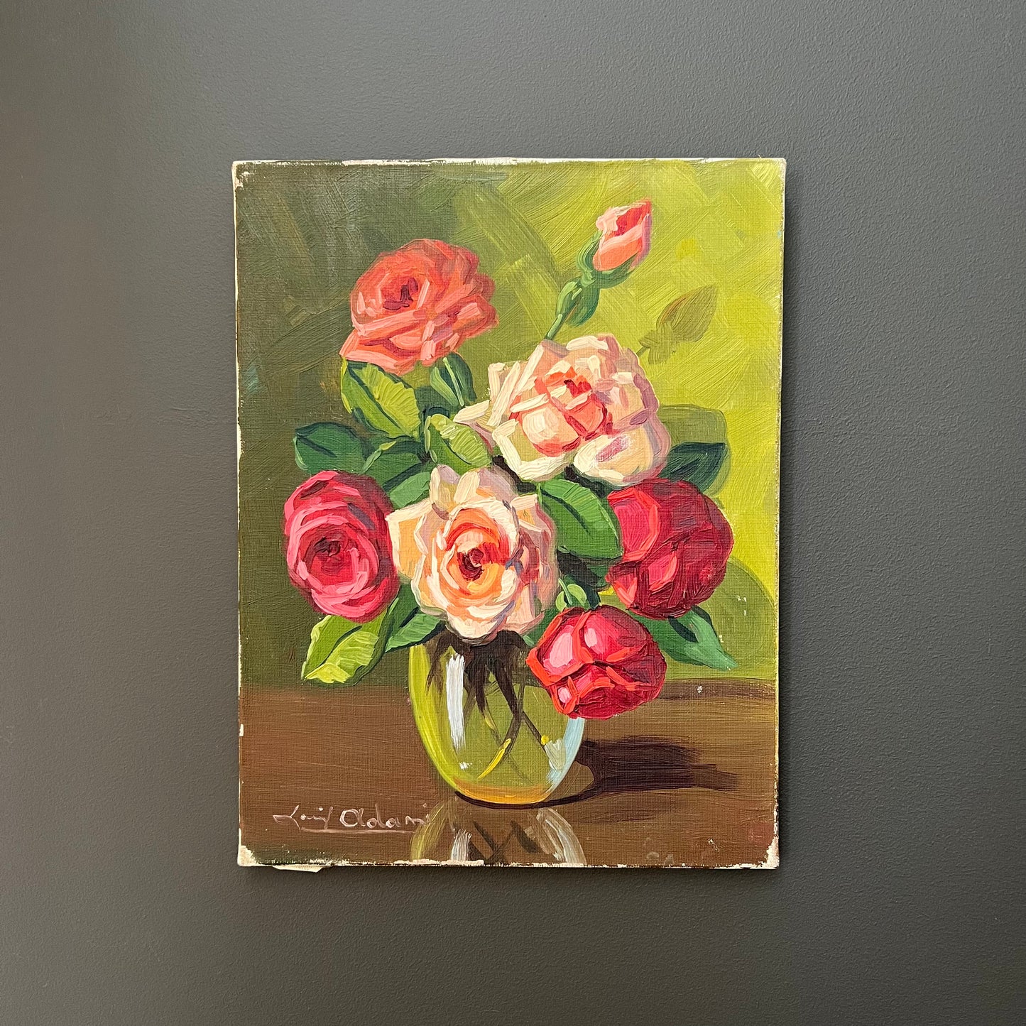 Beautiful Still Life Oil Painting Pink Roses in Vase French