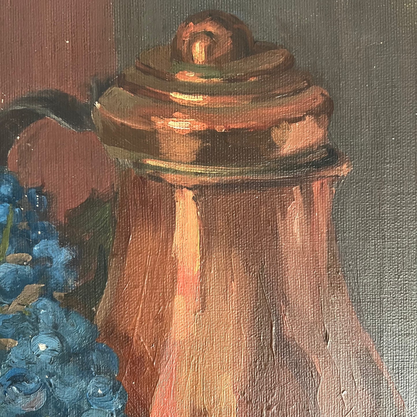Vintage Oil Painting Still Life Copper Pot and Grapes with Cup and Saucer
