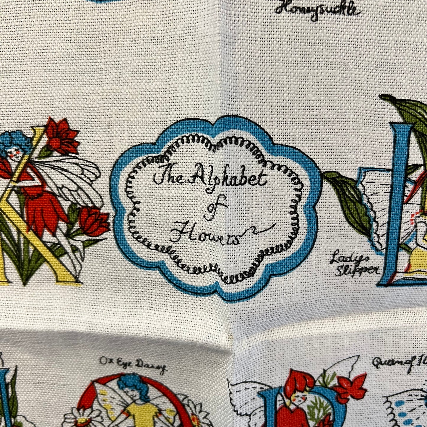 Vintage Flower Fairy Linen Tea Towel Alphabet of Flowers Made in Ireland