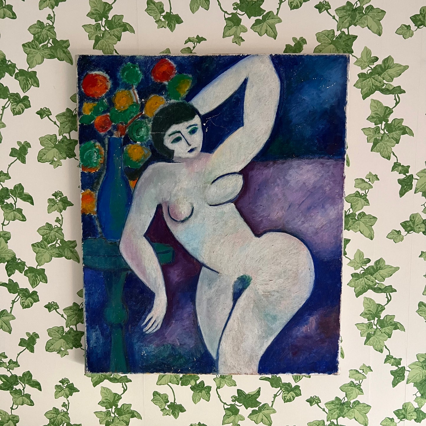 Vintage Oil Painting Mid Century Colourful Cubist Style Nude