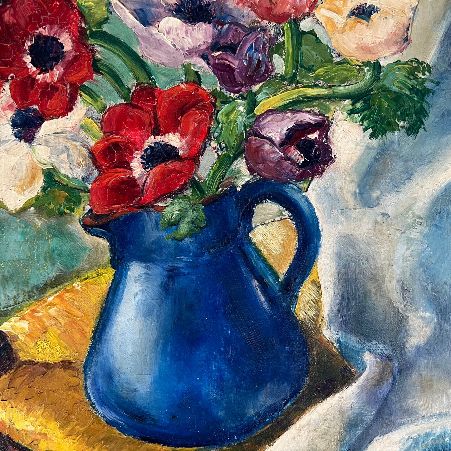 Vintage Oil Painting Still Life Anemone Flowers in Blue Jug