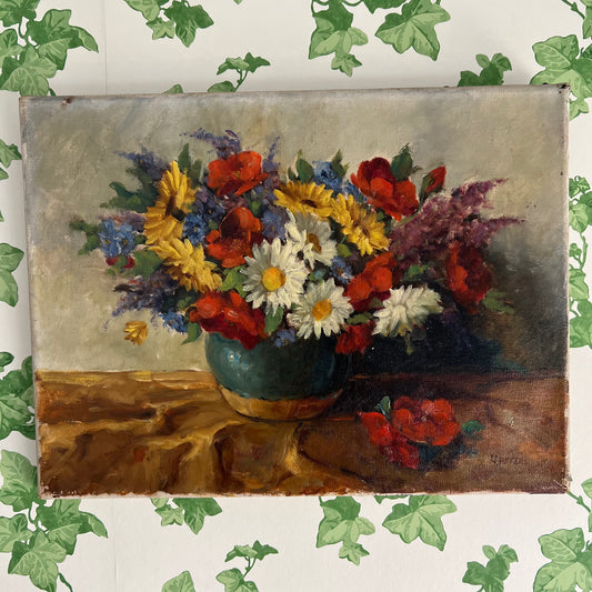 Vintage Oil Painting Still Life Bright Blooms in Pottery Vase