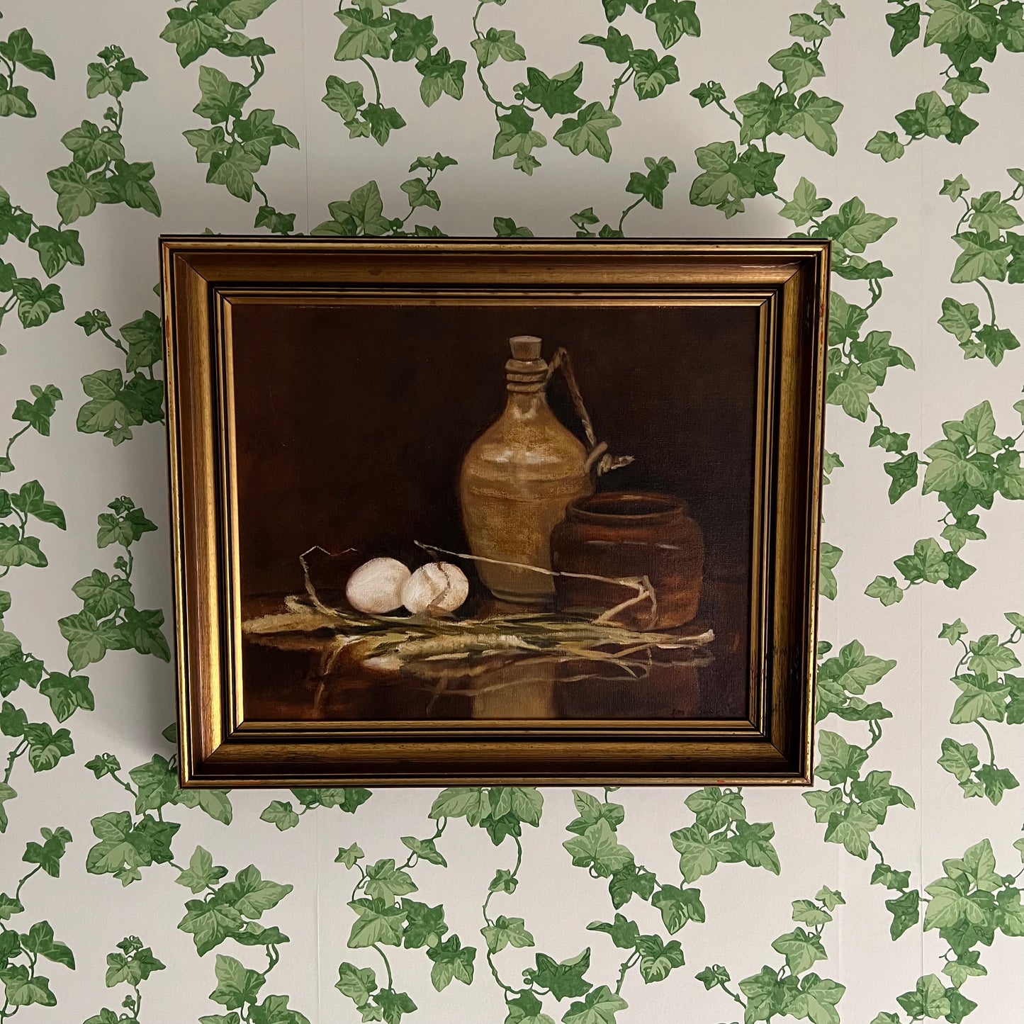 Vintage Still Life Painting Eggs & Stoneware
