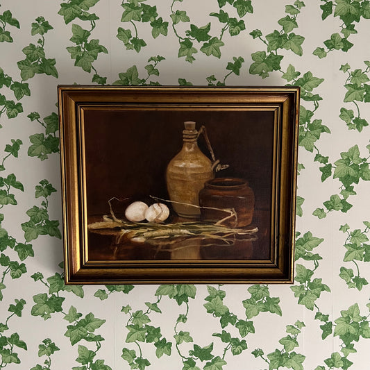 Vintage Still Life Painting Eggs & Stoneware