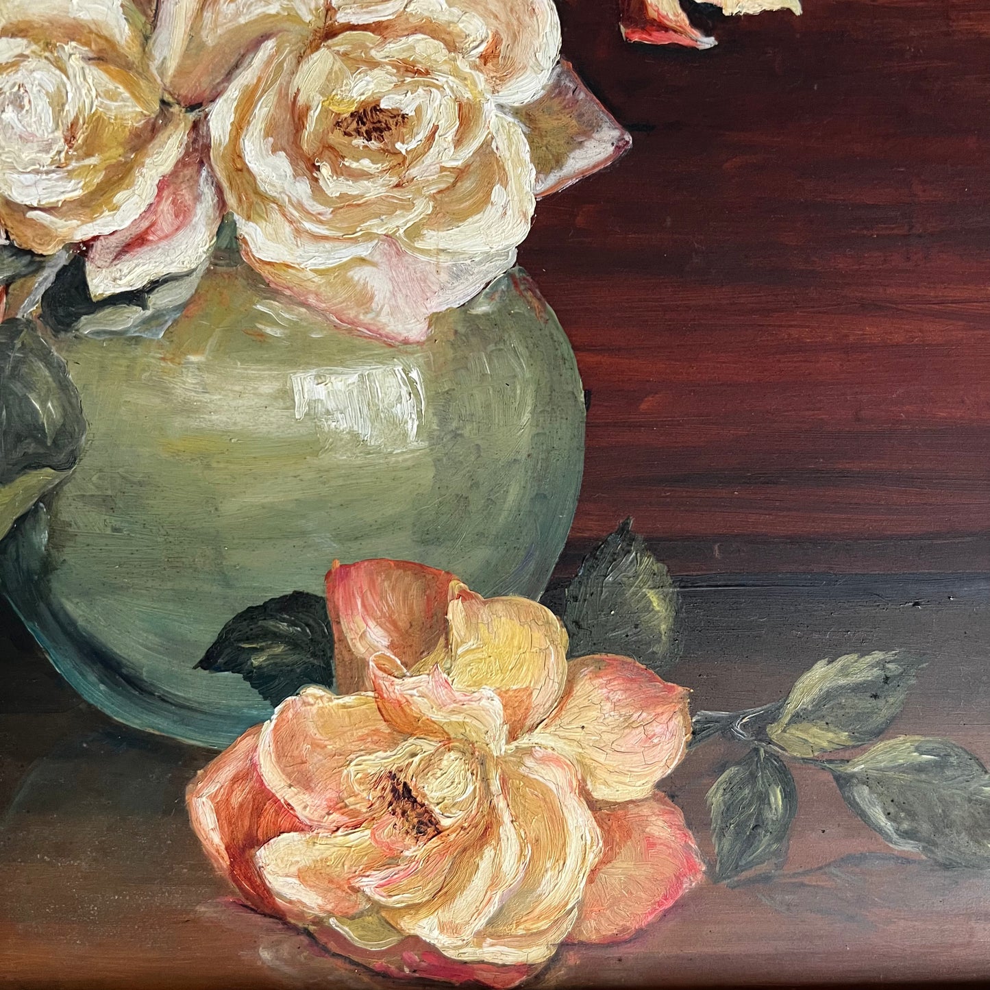 Vintage Oil Painting Still Life Golden Roses in Green Vase 1972