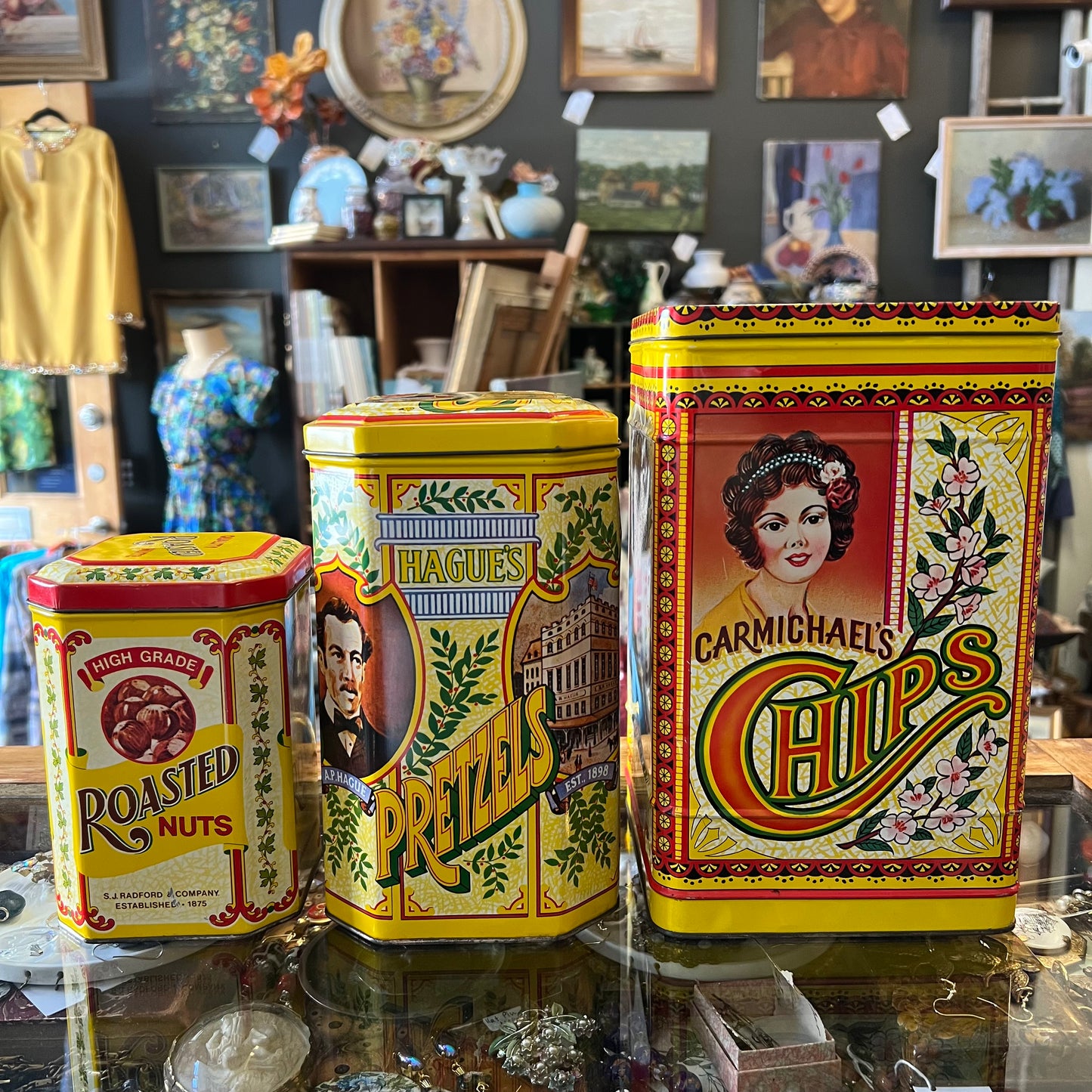 Vintage Advertising Tin Set~ Carmichael’s Chips, Hague’s Pretzels, Radford’s Nuts