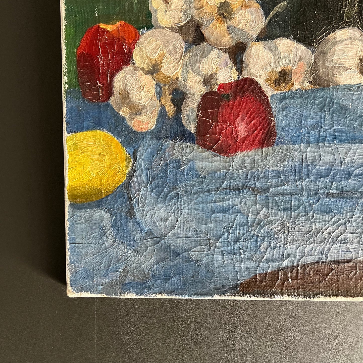 Large Vintage Oil Painting Still Life French Tabletop Wine, Garlic and Corn c1940s
