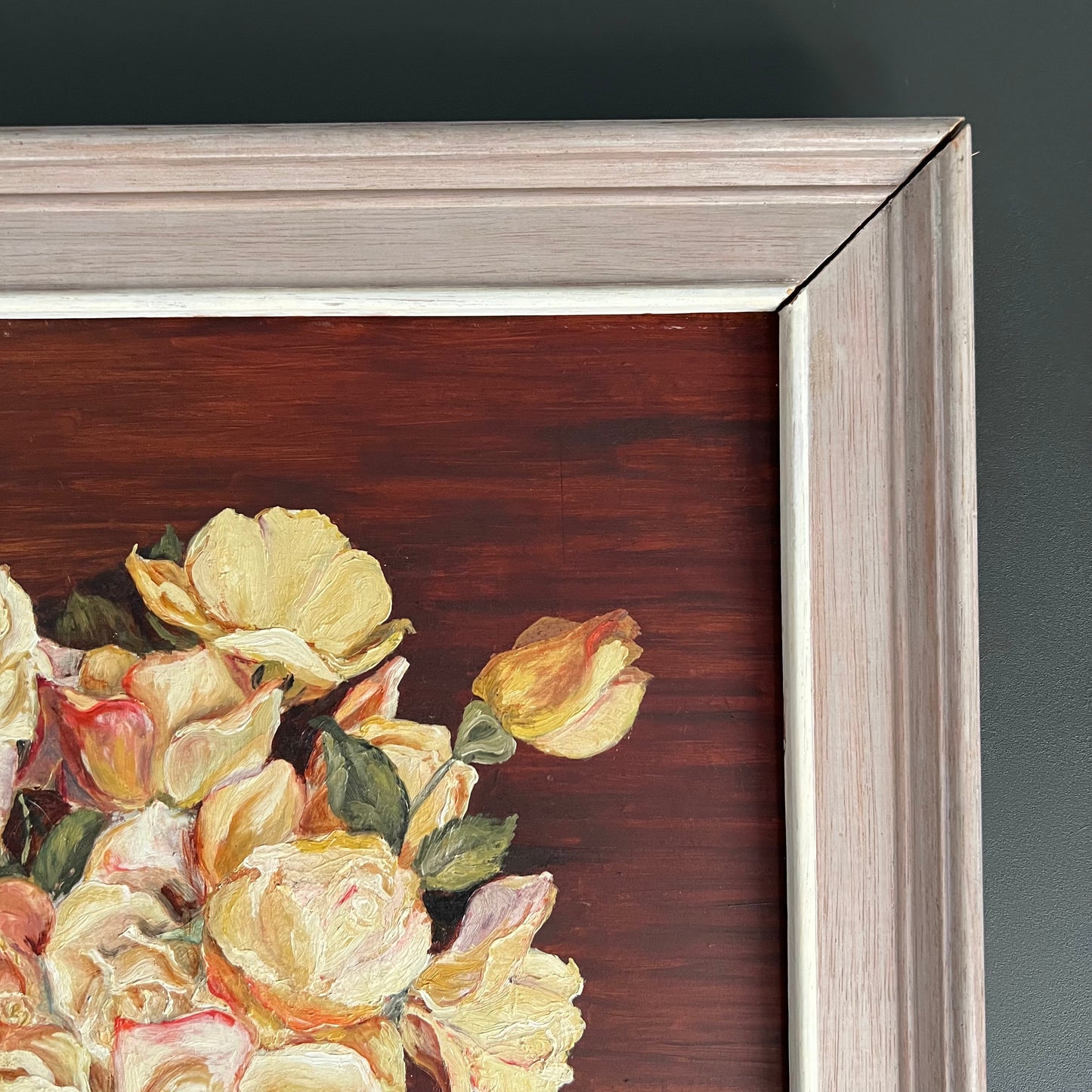 Vintage Oil Painting Still Life Golden Roses in Green Vase 1972
