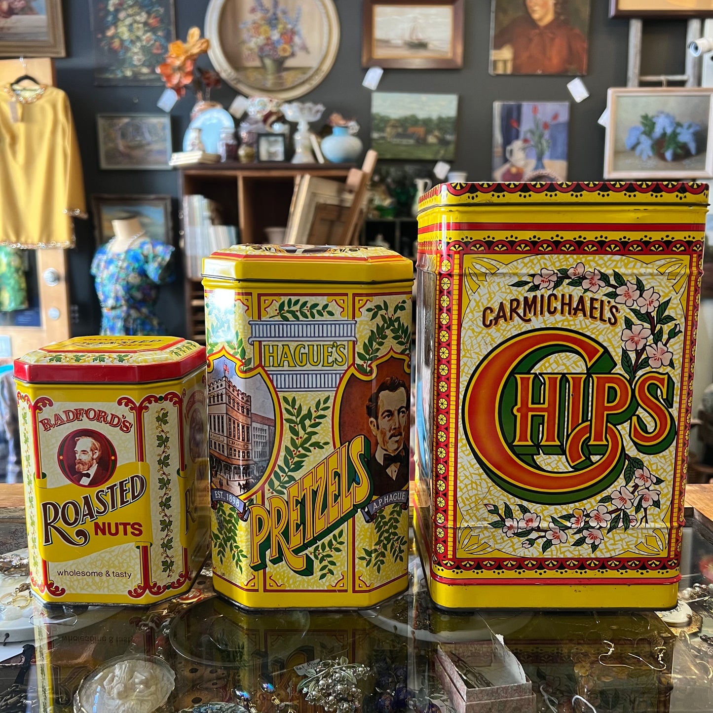 Vintage Advertising Tin Set~ Carmichael’s Chips, Hague’s Pretzels, Radford’s Nuts