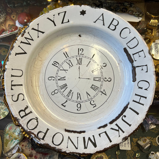 Rare Antique Chippy Enamel Early Learning Plate Clock, Numbers & Alphabet