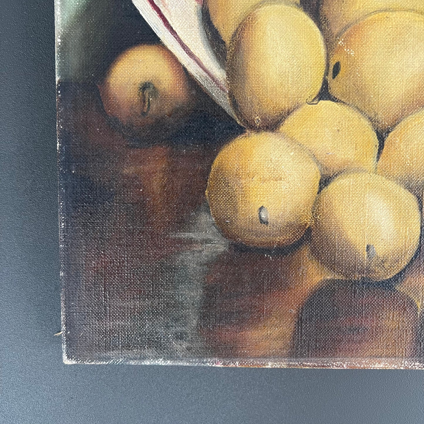 Vintage Oil Painting French Still Life Lemons, Tulips & Stripes c1930s