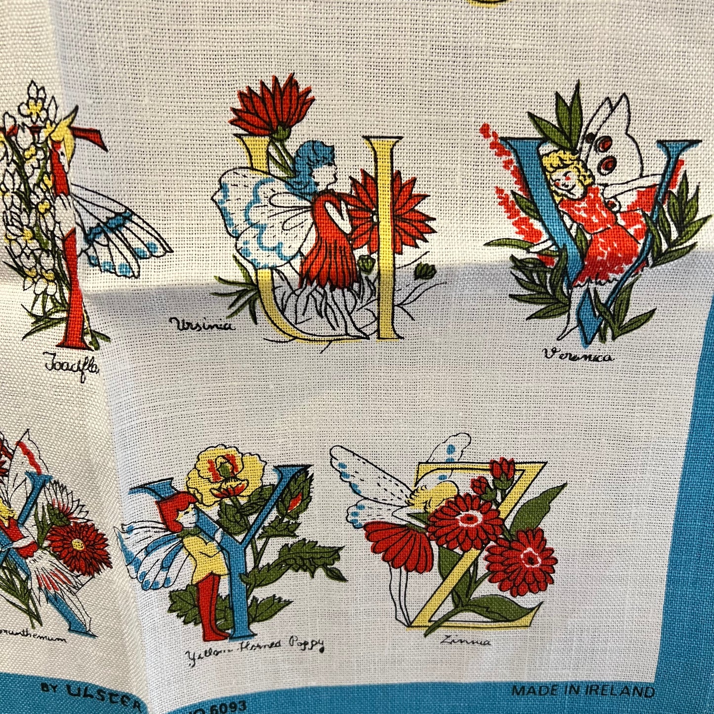 Vintage Flower Fairy Linen Tea Towel Alphabet of Flowers Made in Ireland