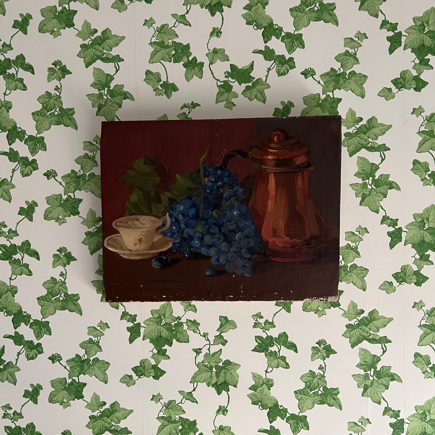 Vintage Oil Painting Still Life Copper Pot and Grapes with Cup and Saucer