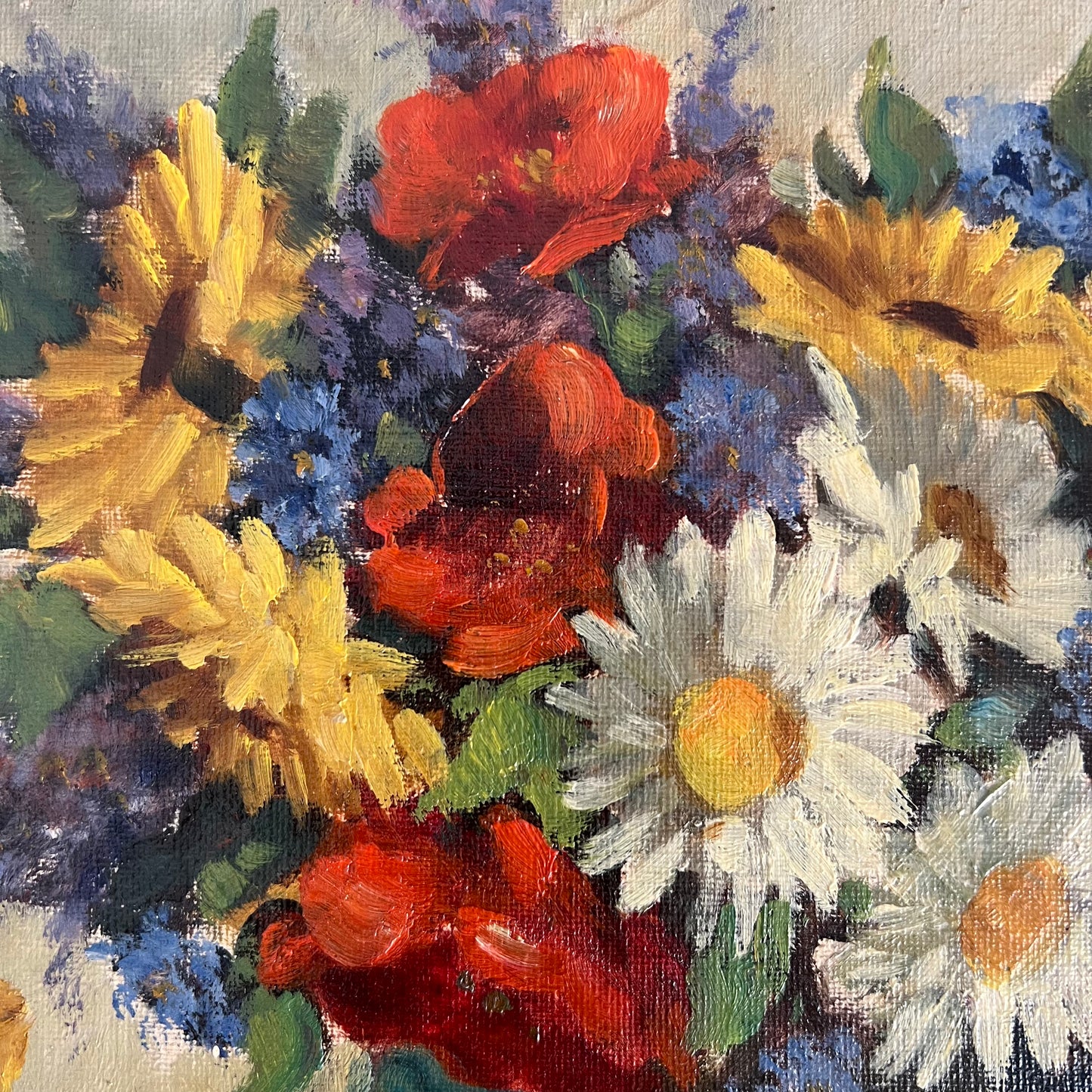 Vintage Oil Painting Still Life Bright Blooms in Pottery Vase